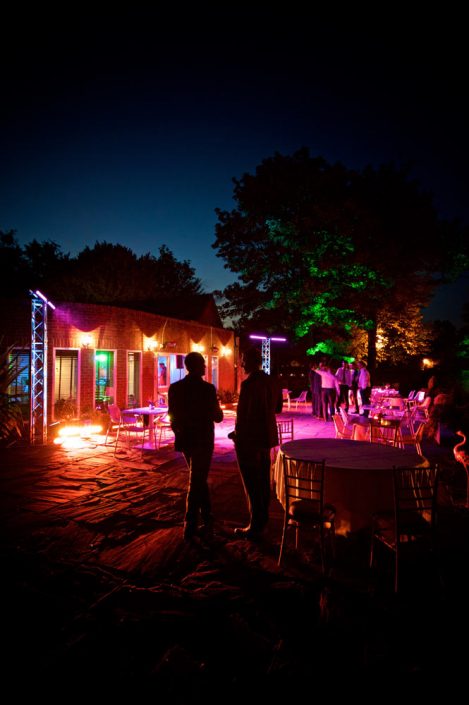 Stoke Place wedding party event lighting - fairylight canopy, uplighting, pinspotting, exterior garden lighting