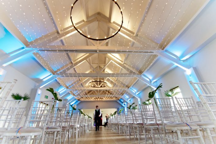 Stoke Place wedding party event lighting - fairylight canopy, uplighting, pinspotting, exterior garden lighting
