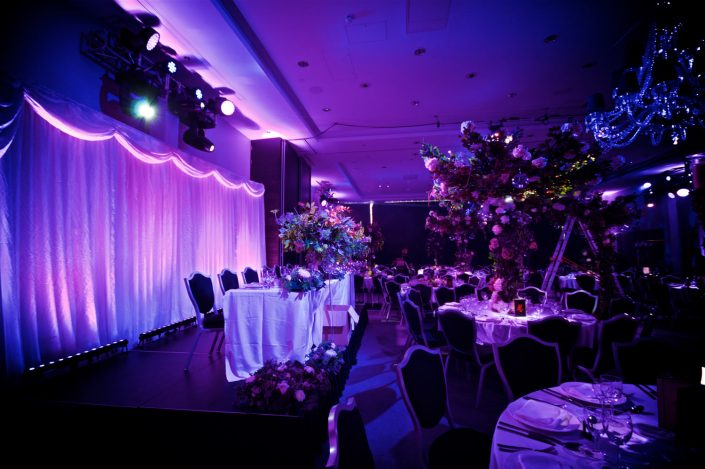 The Hilton Syon Park London - Indian Bride Wedding - Lighting design, backdrop, pinspotting, dance-floor uplighting
