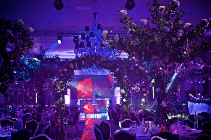 The Hilton Syon Park London - Indian Bride Wedding - Lighting design, backdrop, pinspotting, dance-floor uplighting