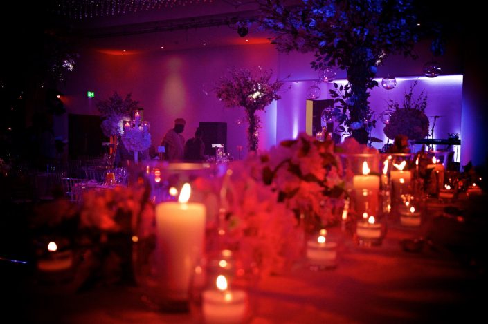 The Montcalm London - Nigerian Wedding Party Lighting Design - uplighting, dance-floor, candles