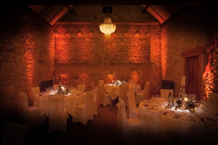 Notley Abbey table lighting, fairylights, wedding candles
