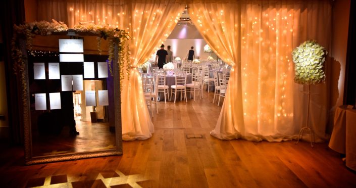 Stoke Place wedding party event lighting - fairylight canopy, uplighting, pinspotting, exterior garden lighting