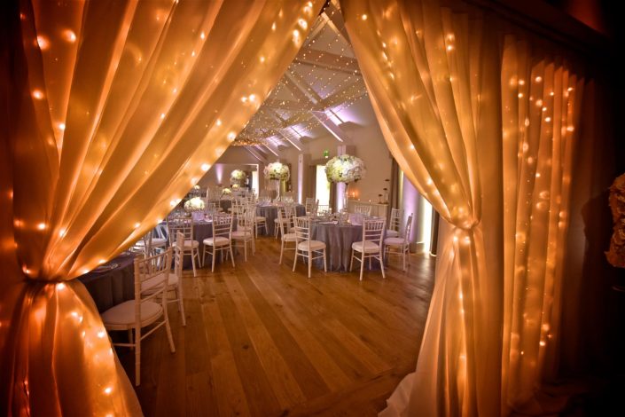 Stoke Place wedding party event lighting - fairylight canopy, uplighting, pinspotting, exterior garden lighting