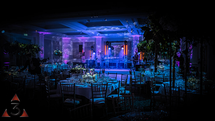 Four Seasons Hampshire wedding lighting ballroom party dinner design