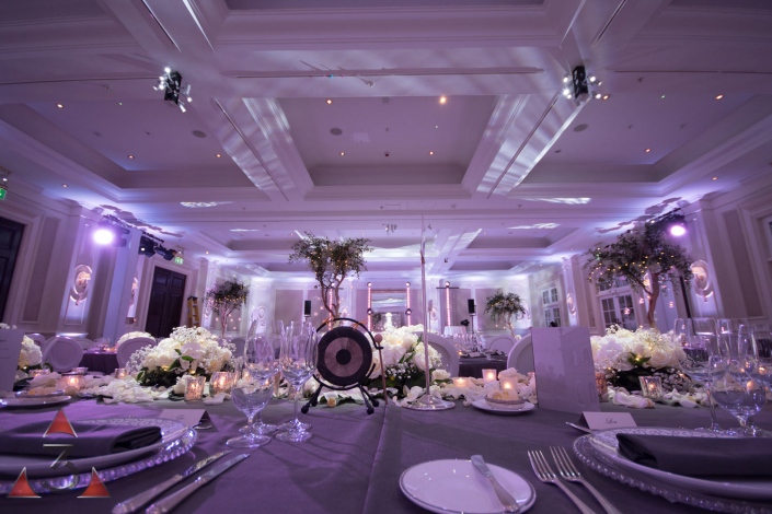 Four Seasons Hampshire wedding lighting ballroom party dinner design