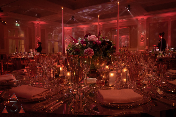 Four Seasons Hampshire wedding lighting ballroom party dinner design