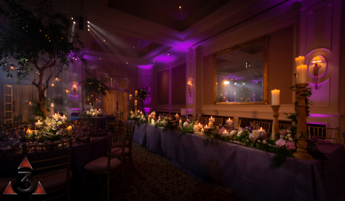Four Seasons Hampshire wedding lighting ballroom party dinner design
