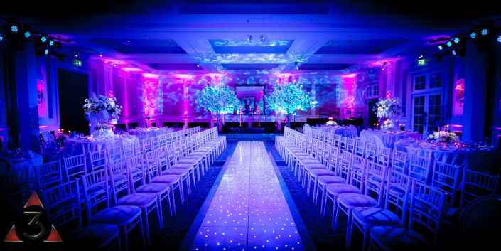 Four Seasons Hampshire wedding lighting ballroom party dinner design