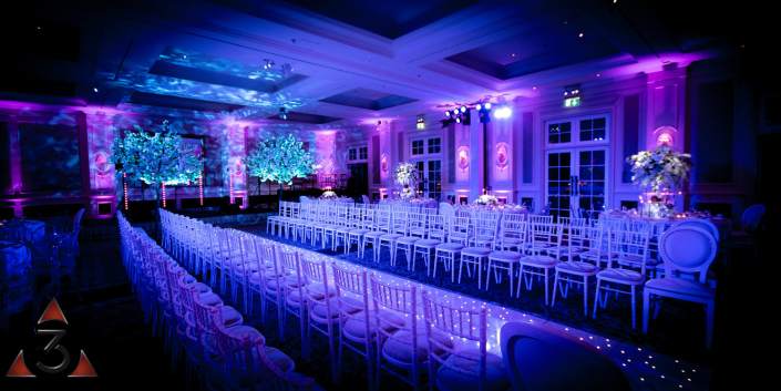 Four Seasons Hampshire wedding lighting ballroom party dinner design